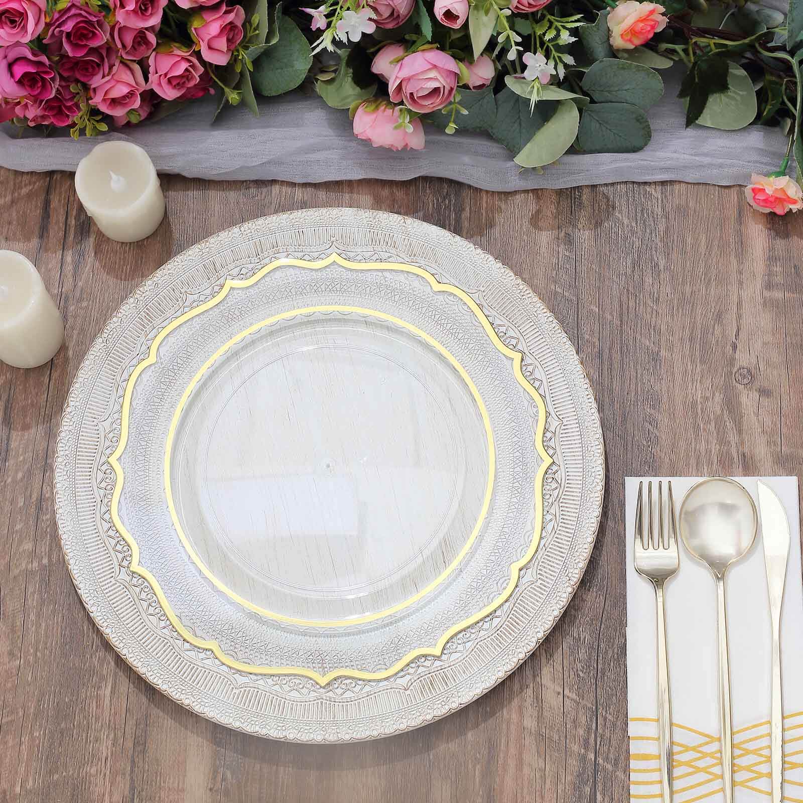 6-Pack Acrylic Charger Plates 13" Round White Lace Embossed Rim - Rustic Plastic Decorative Charger Tableware - Image 10