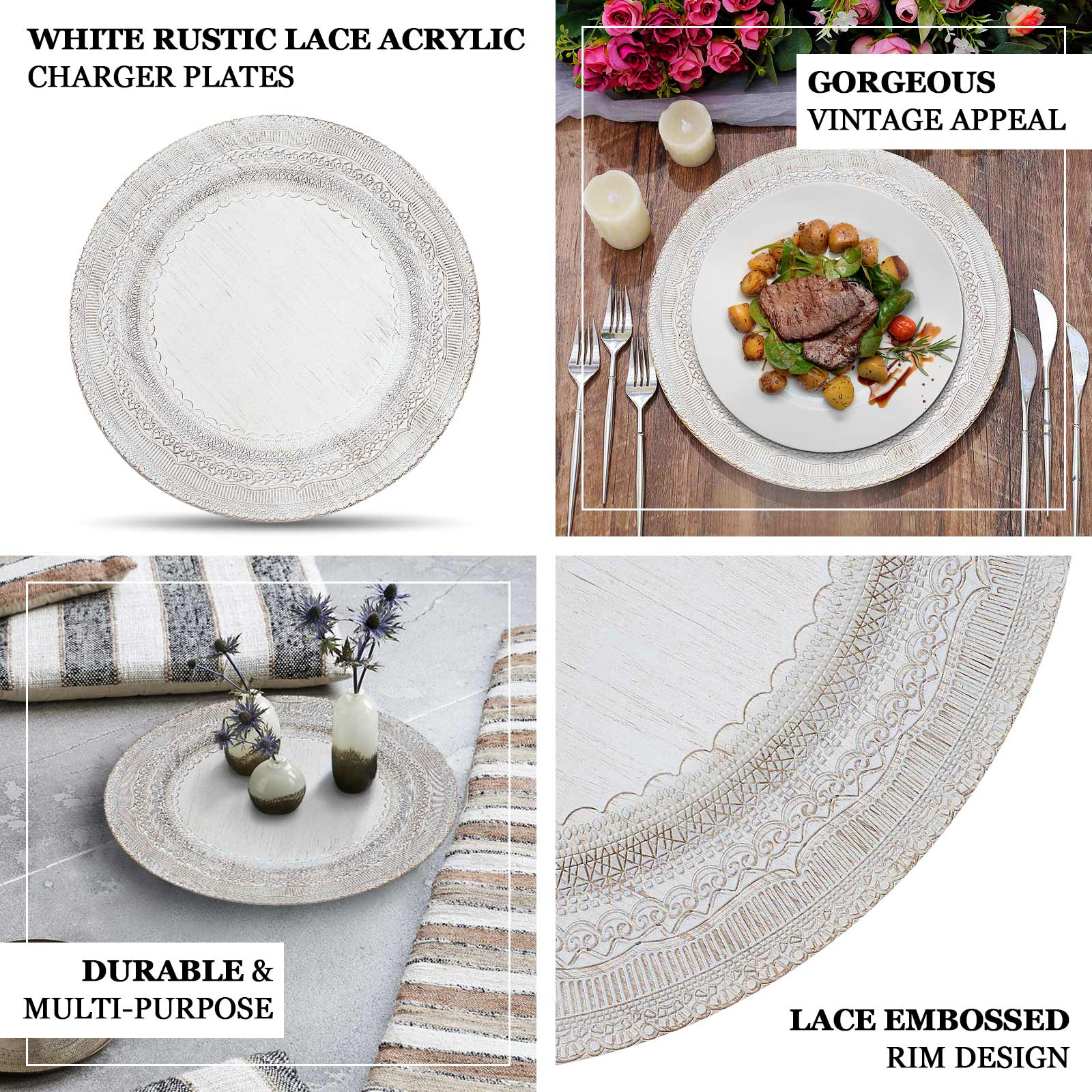 6-Pack Acrylic Charger Plates 13" Round White Lace Embossed Rim - Rustic Plastic Decorative Charger Tableware - Image 4
