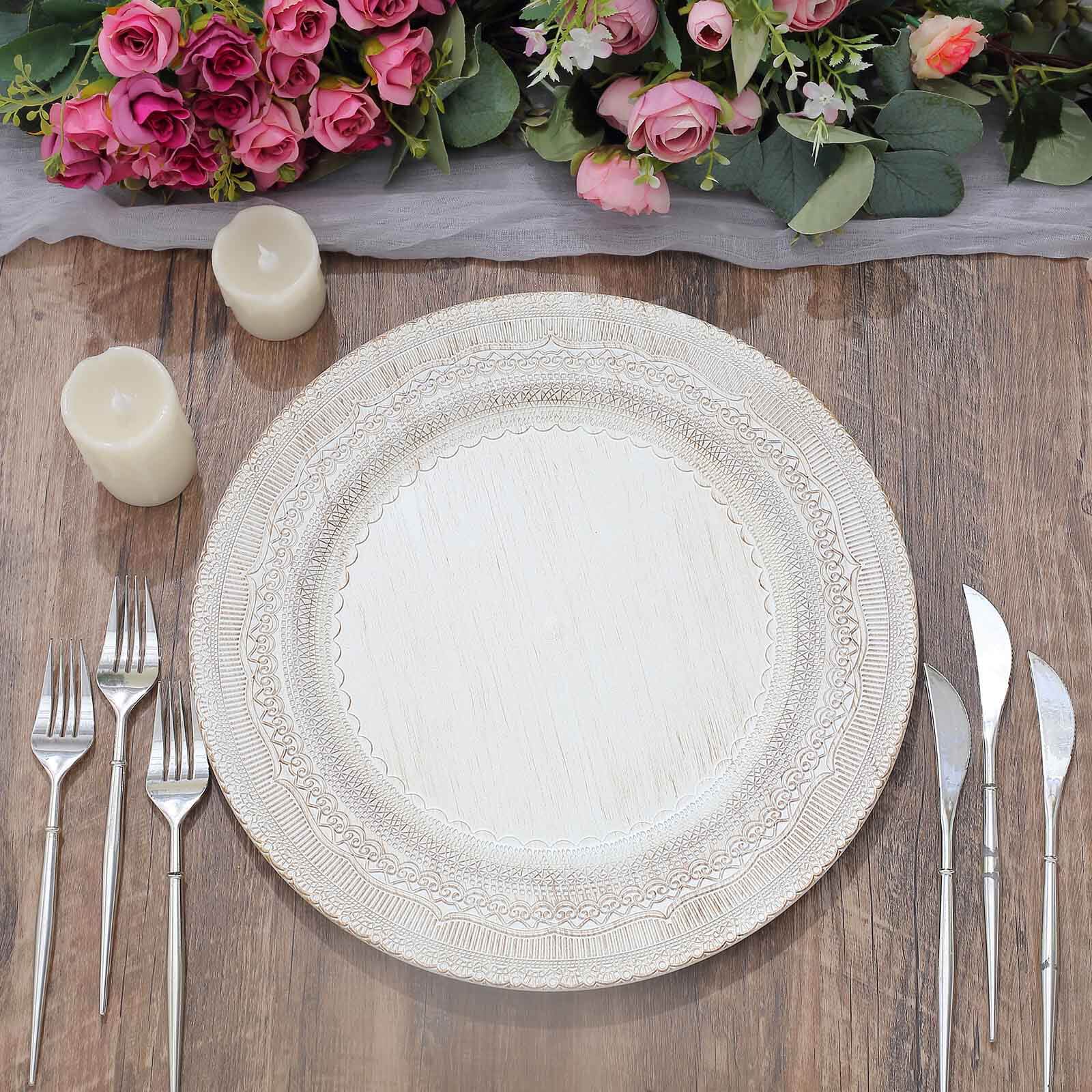 6-Pack Acrylic Charger Plates 13" Round White Lace Embossed Rim - Rustic Plastic Decorative Charger Tableware - Image 6